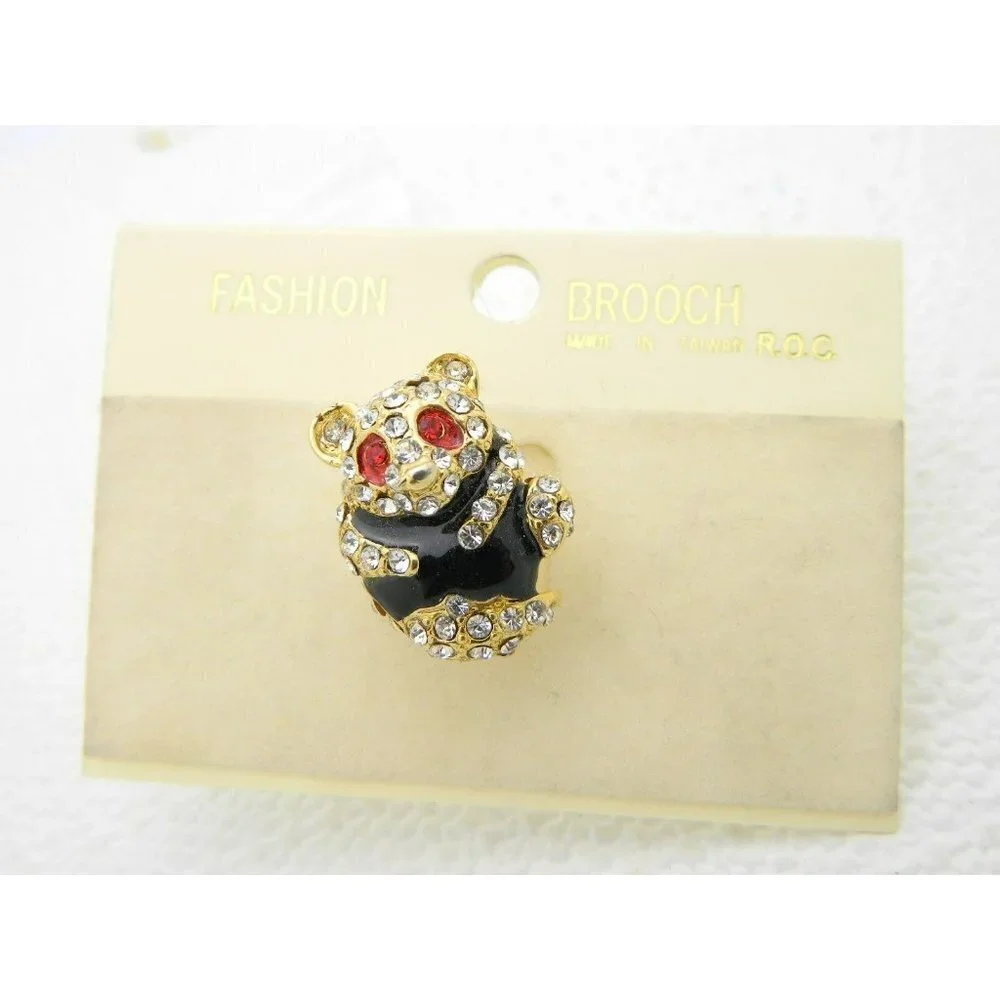 VTG Gold Tone Clear Red Rhinestone Black Enamel Panda Pin Brooch New Old Stock